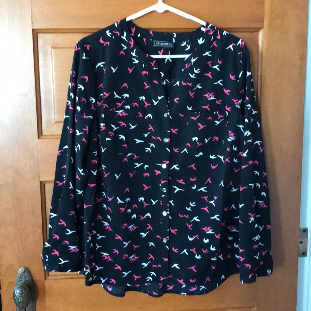 Blouse. Black with pink and white birds.